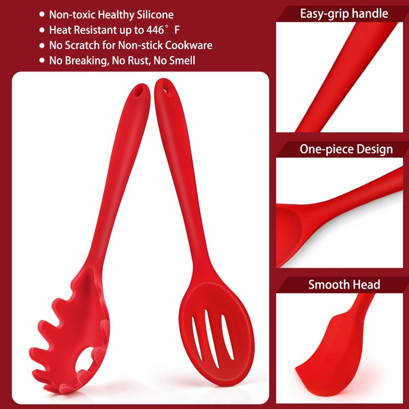 P&P CHEF Silicone Cooking Utensils Set of 7, Heat-proof Kitchen Utensils Set for Nonstick Cookware, Non-stick Spatula, Slotted Turner, Soup Ladle, Pasta Server, Spoon for Cooking Serving - Red - Image 3